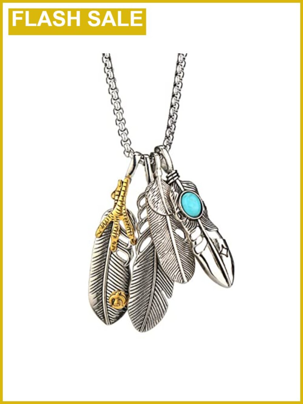 Stainless Steel Turquoise Feather Pendant Necklace 4 Charm Bohemian